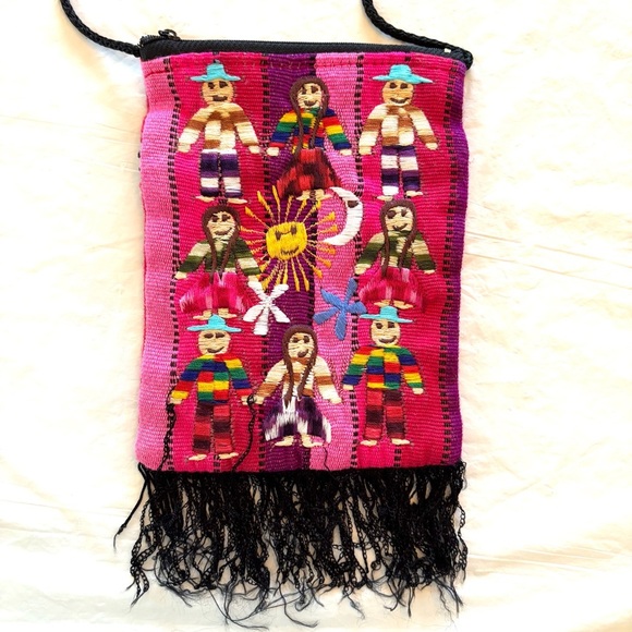 handmade Handbags - Vintage Crossbody worry dolls embroidered pink handmade in Peru. NWOT